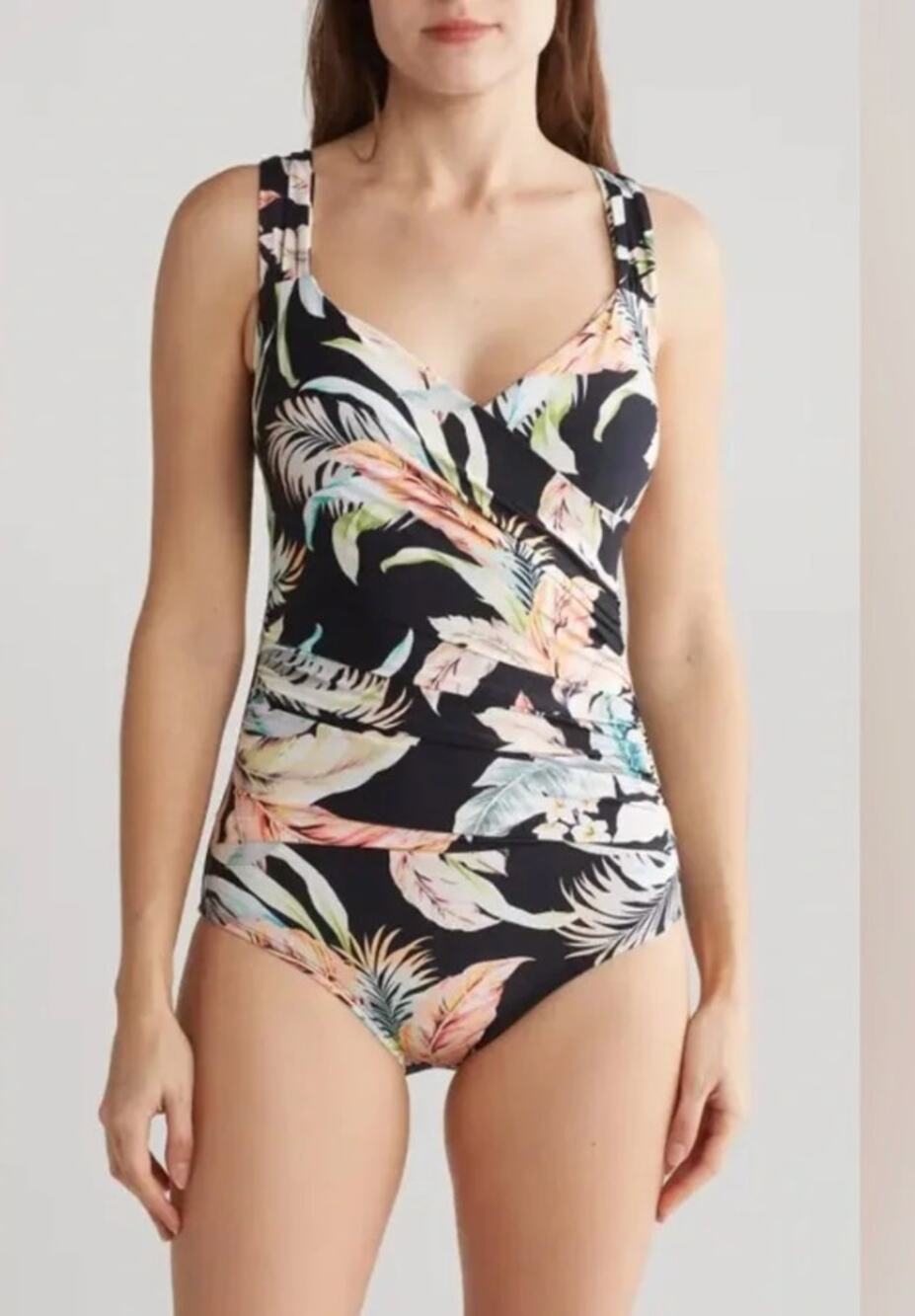 Jantzen Solid Surplice Maillot One- Piece Swimsuit Black Cabana Size 12